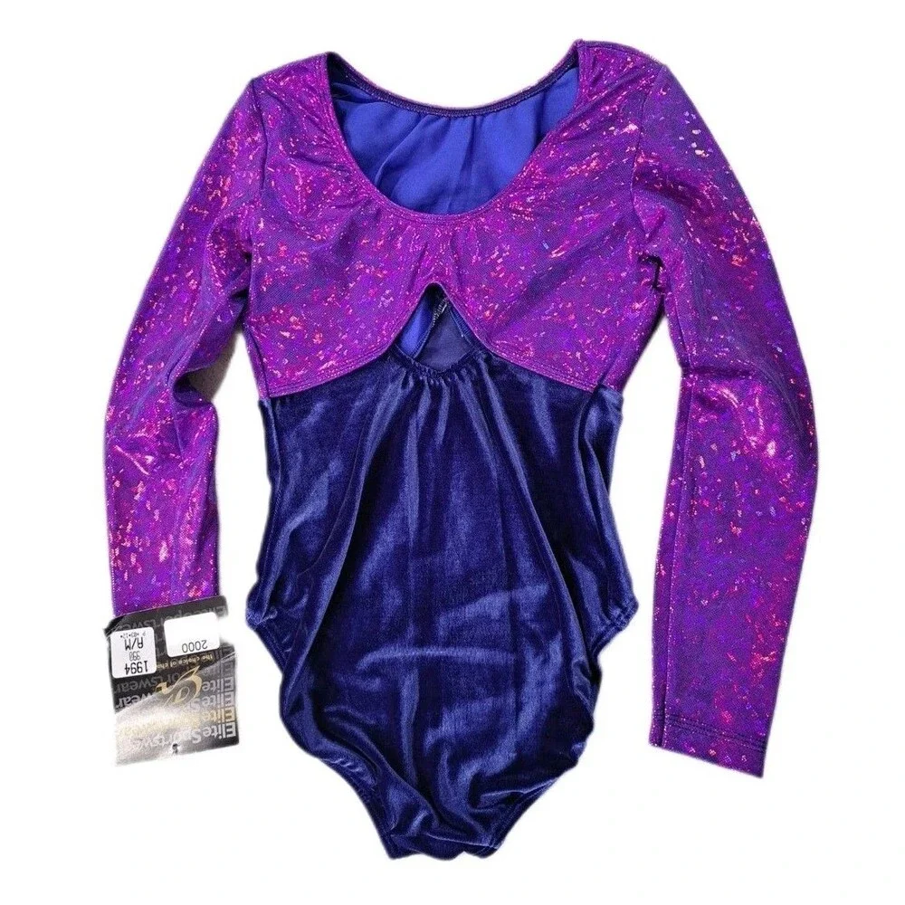 GK Elite VTG Mystique Purple Holographic LS Keyhole Leotard Blue Velvet Size AM